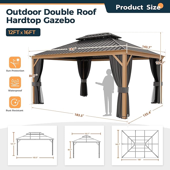 HAPPATIO 12' x 16' Hardtop Gazebo, Outdoor Wood Grain Frame Aluminum Gazebo, Double Roof Permanent Patio Canopy with Netting and Curtains for Garden, Patio, Lawns, Parties (Grey)