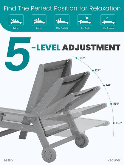 SERWALL Patio Chaise with 5 Positions - Textilene Outdoor Lounge Chair, Rolling Wheels - Poolside, Deck, Grey