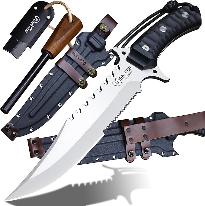 BA-KOR (15.8 inches) 5mm full Tang 9CR18MOV steel nylon fiber handle Bowie knife + sheath + (5.9 inches) cerium element striker, suitable for outdoor hunting, camping, survival, and daily carry of tools. (Sanding I (Half Teeth))