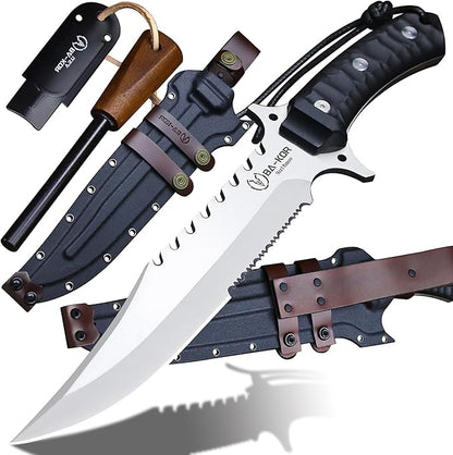 BA-KOR (15.8 inches) 5mm full Tang 9CR18MOV steel nylon fiber handle Bowie knife + sheath + (5.9 inches) cerium element striker, suitable for outdoor hunting, camping, survival, and daily carry of tools. (Sanding I (Half Teeth))