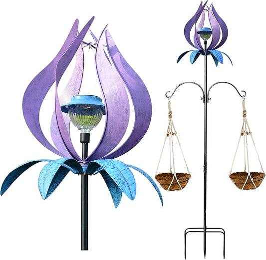 J-Fly Metal Wind Spinner Outdoor Terrace Windmill LED Solar Landscape Light Outdoor Garden Decoration for Lawn Garden Park Decoration Double Coconut Flower Basket Metal Pile 83 Inch