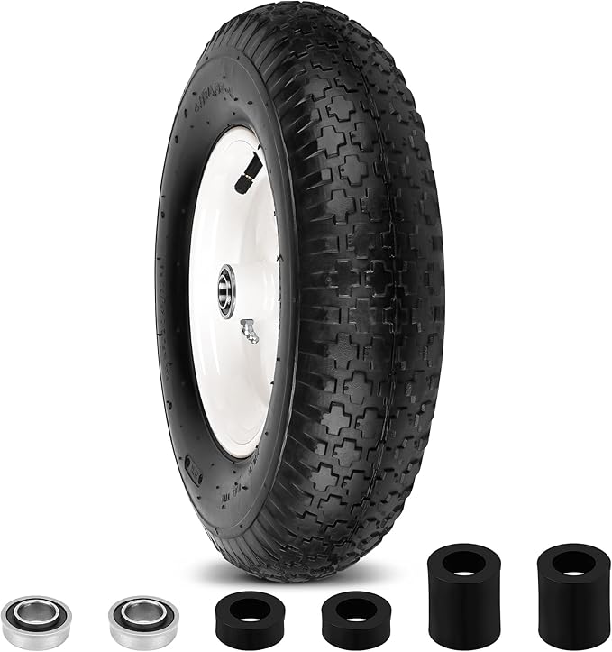 4.80/4.00-8" Wheelbarrow Tubed Tire and Wheel, 16" Universal Fit Pneumatic Tire with 3/4" or 5/8" Bearing, 3"-7" Hub, Adapter Kit Hand Truck Wheel Replacement for Garden Trailer, Wagons, 1 PCS
