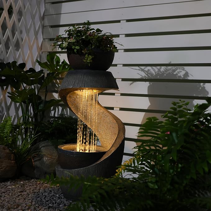 31.9" S-Shaped Water Outdoor Fountain–Modern Cascading Waterfall Feature with LED Lights & Planter Bowl, Garden Fountains Outdoor for Patio, Balcony, Yard or Home Decor, Resin Waterfall
