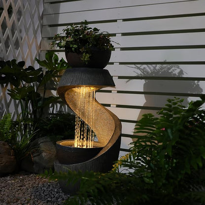 31.9" S-Shaped Water Outdoor Fountain–Modern Cascading Waterfall Feature with LED Lights & Planter Bowl, Garden Fountains Outdoor for Patio, Balcony, Yard or Home Decor, Resin Waterfall
