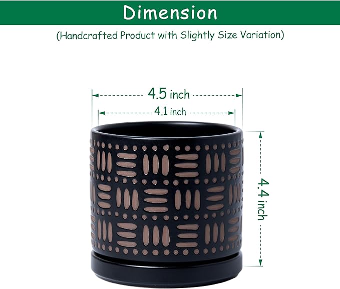 D'vine Dev Set of 2 Ceramic Planter Pots with Drainage Hole and Saucer, 4.5 Inch Plant Pots for Plants Indoor Houseplants, Black, 99-Z-F-2-V