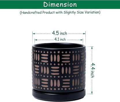 D'vine Dev Set of 2 Ceramic Planter Pots with Drainage Hole and Saucer, 4.5 Inch Plant Pots for Plants Indoor Houseplants, Black, 99-Z-F-2-V