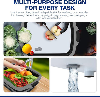 2-Pack XL Collapsible BBQ Prep Tub with Built-In Cutting Board, Lid & Strainer – Marinate, Drain & Prep – Large Food-Safe Container – Perfect for Grilling, Smoking & Outdoor Cooking (Black)