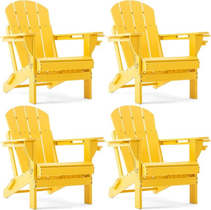 Folding Adirondack Chair, HDPE Outdoor Texture Lawn Chair with Reclining Back, Cup and Phone Holder - Comfortable Firepit Chair Weather Resistant for Patio or Backyard (Yellow, Set of 4)