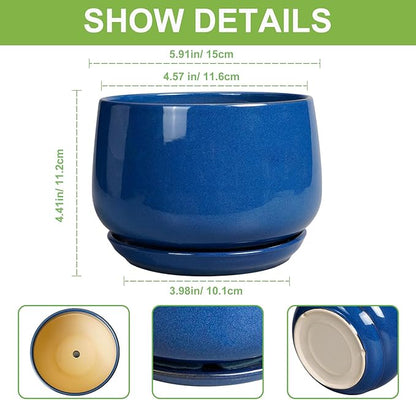 G EPGardening 6 Inch Plant Pot - Round Ceramic Planter Indoor with Drainage and Ceramic Saucer for Flower, Modern Desk Decor, Modern Garden Gift, Blue