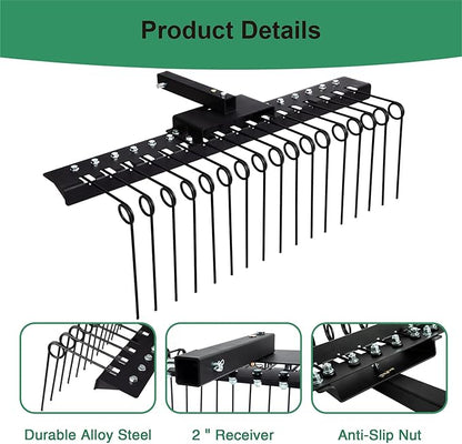 48" Durable Pine Straw Rake Steel Spring Landscape Rake Fits 2" Receiver for Lawn Tractors or ATV/UTV Black