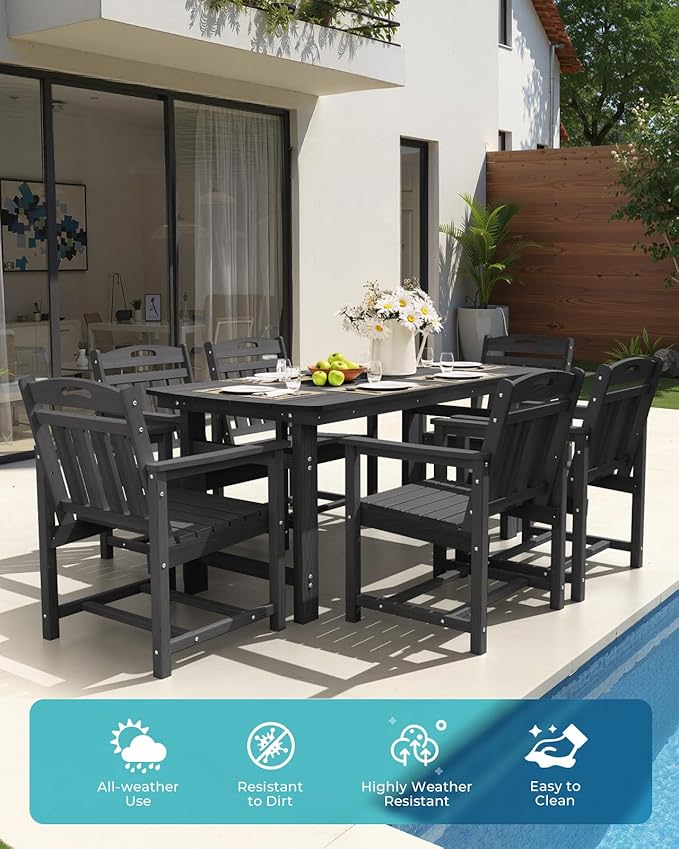 Ciokea HDPE Outdoor Dining Set 7-Piece Patio Table and Chairs with Umbrella Hole, All-Weather Patio Dining Set for 6, Durable Patio Furniture Set for Backyard, Garden, Lawn & Poolside, Black