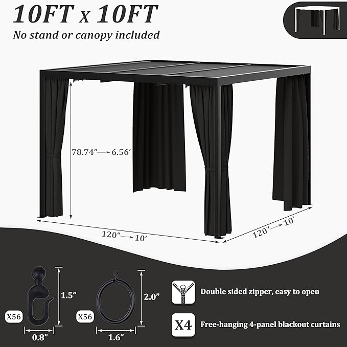 Gazebo Universal Replacement Privacy Curtain,10'×10' Gazebo Outdoor Waterproof Curtains, 4-Panels Sidewall Curtains with Double Zipper for Patio Canopy, Garden and Backyard (Curtain Only)