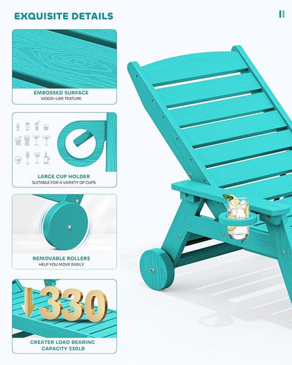 SERWALL Patio Chaise Lounge Chair Set of 2, 78'' Long 5-Positions Adjustable HDPE Outdoor Lounge Chair for Pool, Poly Lounge Chair with Rolling Wheels & Cup Holder for Poolside, Deck, Aqua Blue