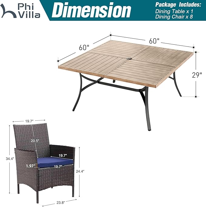 PHI VILLA 9 Pieces Square Outdoor Dining Set for 8, 60” Wood-Like Large Metal Steel Dining Table & Rattan Wicker Chairs with Cushions, Dining Furniture Set for Patio, Deck, Yard, Porch