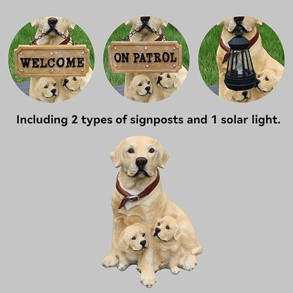 Labrador with Puppies Solar Welcome Statue, Hand-Painted Resin Dog Figurine with Lantern and Dual Wooden-Style Signs, Warm Family Guardian Sculpture for Garden and Porch Décor