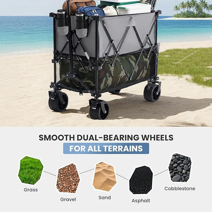 DUMOS Large Capacity Folding Double Decker Wagon with Brakes, 440 lbs Wagons Carts Foldable Wagon Cart with Flexible Handle, All-Terrain Big Wheels for Grocery Sports Garden Camping