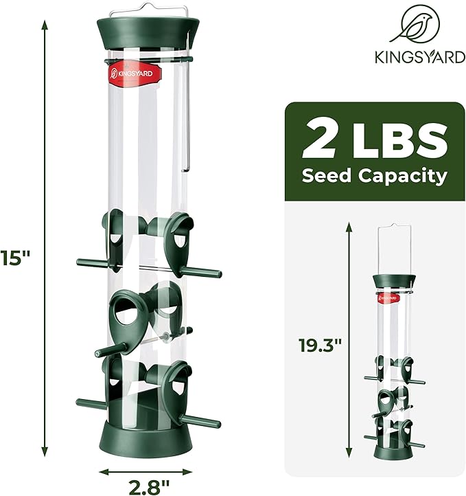 Kingsyard 2 Pack Tube Bird Feeder for Outdoors Hanging, Removable Base and Perch, 6 Feeding Ports - Easy to Clean, Premium Hard Plastic, Attracting for Finches Cardinals (Green)