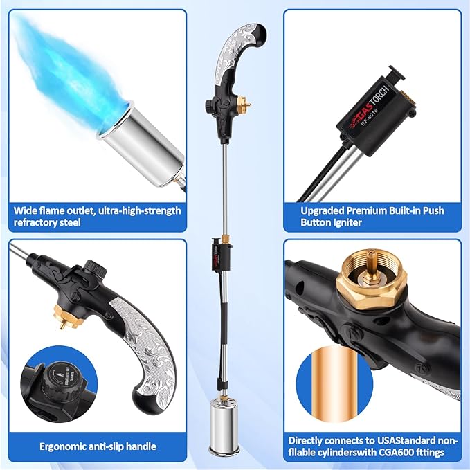 Siasky Weed Torch Propane Burner 1,200,000 BTU, Propane Weed Torch with Push Button Igniter, Flame Weeder Torch for Weeds, Snow Melting, Asphalt, Garden, Roofing, Weed Torch Kit for Outdoor Use
