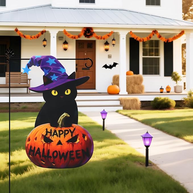 Halloween Black Cat Garden Flags 12x18 Inch Double Sided, Happy Halloween Pumpkin Welcome Small Yard Flags for Outside, Farmhouse Front Porch Outdoor Fall Decor Holiday All Seasons Decoration