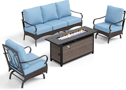 Patio Furniture Set with 56" Fire Pit Table, Premium Outdoor Wicker Metal Frame Furniture with Upgraded Waterproof Thick Cushions for Porch, Poolside, Deck, and Yard （4 Pieces,Blue）
