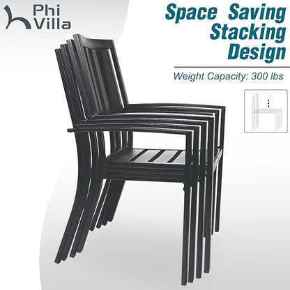 PHI VILLA 7 Pieces Outdoor Round Dining Set for 6, Wrought Iron Dining Table with Umbrella Hole & Stackable Metal Steel Chairs, Large Dining Furniture Set for Patio, Deck, Yard, Porch