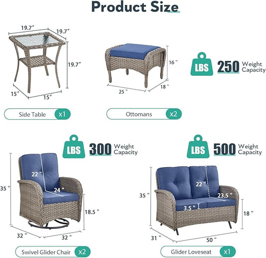 6 Piece Patio Furniture Set - Wicker Patio Conversation Set with Swivel Glider, Glider Loveseat, Tempered Glass Side Table and 2 Ottomans for Deck Backyard - Grey Wicker Blue Cushion