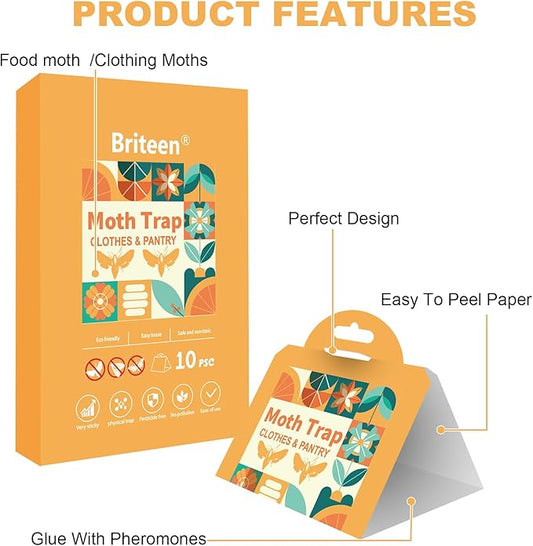 Pantry Moth Traps 10-Pack Safe and Effective for Food and Clothing- Glue Traps with Pheromones for Wool Closet Carpet Food and Cupboard K04