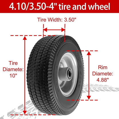 10" Solid Tire Replacement 4.10/3.50-4 Flat Free Tire and Wheel for Garden Carts, Hand Trucks, Wheelbarrows,10x3.50-4" with 5/8" Axle Bore & 2 1/4" Offset Hub (2 Pack)