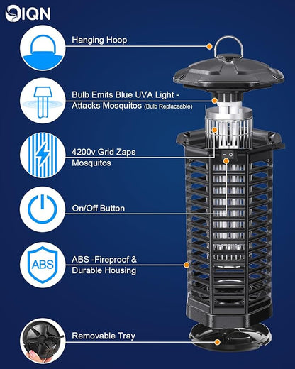 Bug Zapper Outdoor, Plug in Electric Mosquito Fly Zapper w/ 15W Light & 4200V Grid & on/Off Switch, Mosquito Traps & Killer for Indoor, Kitchen, Patio, Backyard and More (Black)