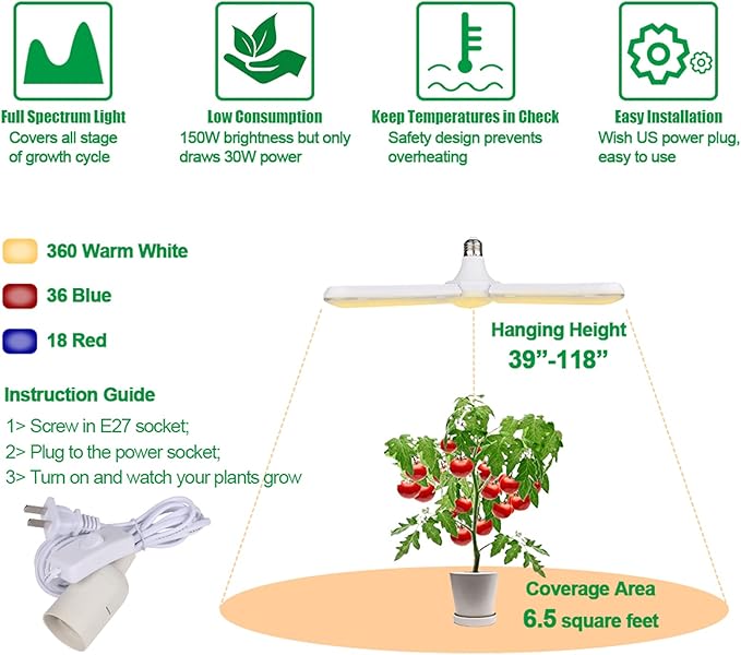 150W LED Grow Light Bulb 414 LEDs Sunlike Full Spectrum Foldable Plant Grow Light with Extension Hanging Pendant Light Cord Cable, Led Grow Lamp for Indoor Plants, Greenhouse, Hydroponic , E27 Base