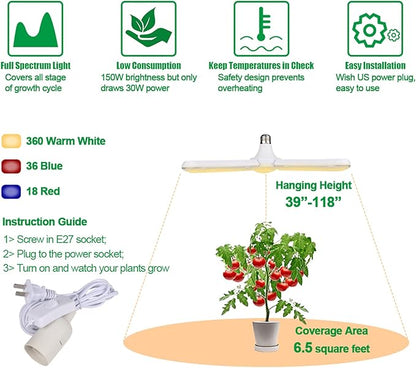 150W LED Grow Light Bulb 414 LEDs Sunlike Full Spectrum Foldable Plant Grow Light with Extension Hanging Pendant Light Cord Cable, Led Grow Lamp for Indoor Plants, Greenhouse, Hydroponic , E27 Base