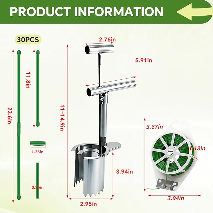 Bulb Planter Tool,new Stainless Steel plant seedling transplanter,Equipped with a foot pedal garden transplanter tool. Including plant support rods and twist ties,use for flowers fruit tree seedlings
