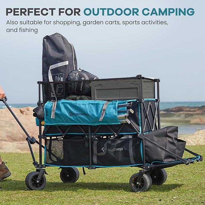 FUNDANGO Double Decker Wagon – 3 Layer 660L Extra High Extender Collapsible Wagons Carts Foldable Heavy Duty with Tailgate, Brakes & All-Terrain Big Wheels for Sports, Camping, Grocery Shopping, Blue