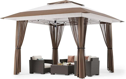 Bealife 13x13 Pop Up Gazebo Tent with Mosquito Netting, Outoor Canopy Tent with 4 Sandbags, 8 Stakes, 4 Ropes, Roller Bag, Pop Up Canopy for Lawn Backyard Garden Deck (Beige, 13x13)