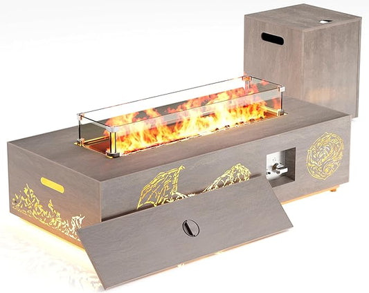 42" Outdoor Fire Pit Table, 50,000 BTU Gas Fire Pit with Glass Wind Guard, Fire Stones, Waterproof Cover, Propane Fire Pit Table for Outside Patio, Hollow-Out (Dragon, Brown)