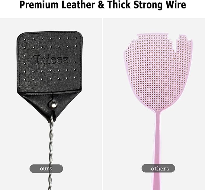 Trieez 2 Pack Sturdy Leather Fly Swatter - 17.5” Heavy Duty Flyswatter with Durable Metal Handle, Rustic Bug Swatter for Flies, Bees, and More - Black