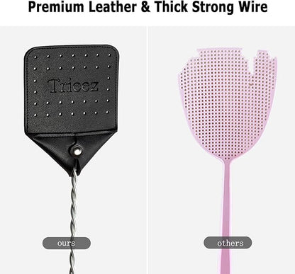 3 Pack Sturdy Leather Fly Swatter - Heavy Duty Flyswatter with Durable Metal Handle, 17.5” Rustic Bug Swatter for Flies, Bees, and More