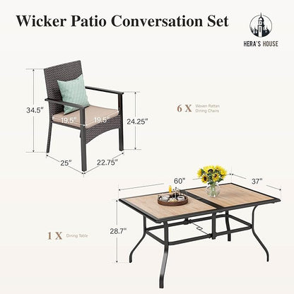 HERA'S HOUSE 7 PCS Outdoor Dining Sets for 6, Outdoor Rattan Chairs and Wood Like Table with 1.57" Umbrella Hole, Patio Dining Set for Deck, Balcony, Backyard, Garden