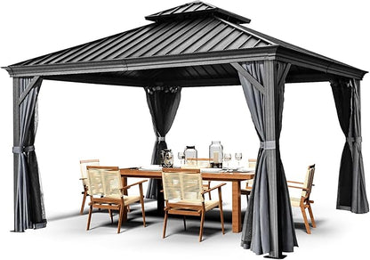 HAPPATIO 12' x 12' Hardtop Aluminum Gazebo with Galvanized Steel, Double Roof Permanent Patio Metal Canopy with Netting and Curtains for Garden, Lawns, Parties (Grey)
