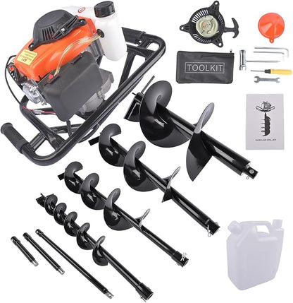 Gas Powered Post Hole Digger Earth Auger - 72cc 4-Stroke Engine with 4"/6"/8"/12" Drill Bits & 8"/12"/20" Extension Rods for Farmland, Garden, Planting