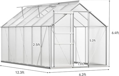 YITAHOME 6X12FT Polycarbonate Greenhouse Large Heavy Duty Green Houses Outdoor Greenhouses Aluminum Sliding Doors Vent Window for Garden Backyard, Silver