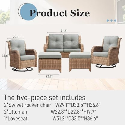 Swivel Patio Conversation Sets ：5 Piece Outdoor Patio Furniture with Swivel Chairs Wicker Furniture Set with Loveseat and Ottoman