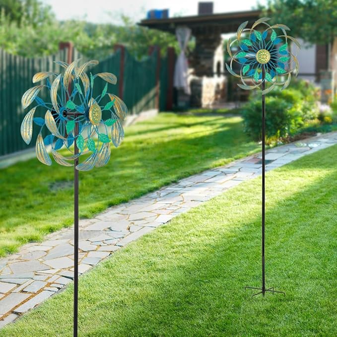Metal Wind Spinners Outdoor,13'' Dia Green Double Wind Spinner & Sculpture,Waterproof Garden Windmill for Yard Art Decorations