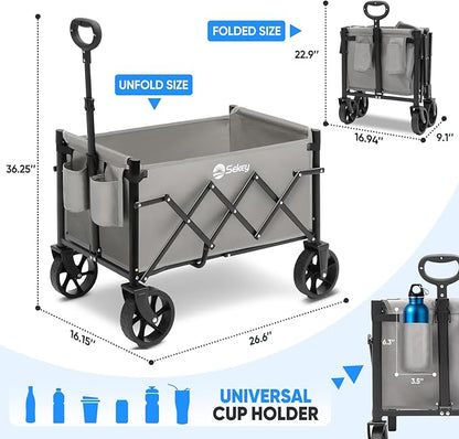 Sekey Heavy Duty Wagon with Big Wheels, Foldable Cart with 220LBS Capacity, Utility Lightweight Wagon, Collapsible Grocery Shopping Cart for Camping Sports & Holiday. Gray