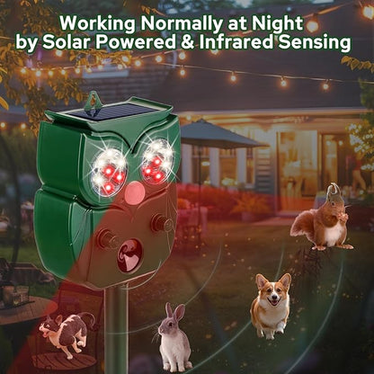 [2025 Upgrade] Solar Animal Repellent Outdoor for Deer Squirrel Mole Rabbit Cat Skunk Bird Raccoon Dog, Waterproof Ultrasonic Pest Repeller with Motion Detector and LED for Yard Lawns Garden 1 Pack