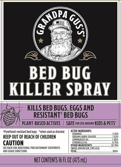 Grandpa Gus's Natural Bed Bug Spray, Plant-Based Bug Control for Home, Mattresses, Furniture, Carpets, and Bedding, Kills Bed Bugs and Eggs, Safe for Kids and Pets, 16 fl oz