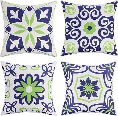 Pyonic Set of 4 Outdoor Pillow Covers 20x20 Waterproof Decorative Throw Pillow Covers Floral Printed Farmhouse Boho Pillowcase for Patio Funiture Garden Navy Blue