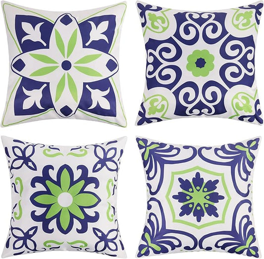 Pyonic Set of 4 Outdoor Pillow Covers 18x18 Waterproof Decorative Throw Pillow Covers Floral Printed Farmhouse Boho Pillowcase for Patio Funiture Garden Navy Blue