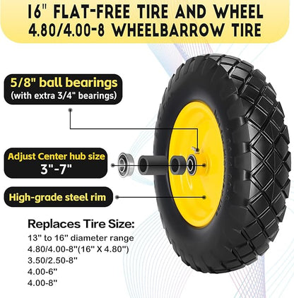 4.80/4.00-8 Solid Wheelbarrow Tire and Wheel 16" Flat-Free Tire with 3" Centered Hub 5/8" & 3/4" Bearings Fits Garden Cart, Hand Truck, Wagon,Trolleys and Trailers