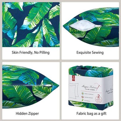 Magpie Fabrics Patio Pillow Covers ONLY 18"x18", Set of 2, Fade-Resistant Outdoor Indoor Decorative Throw Pillowcase Shell for Couch Garden Furniture - Green Lagoon Leaves
